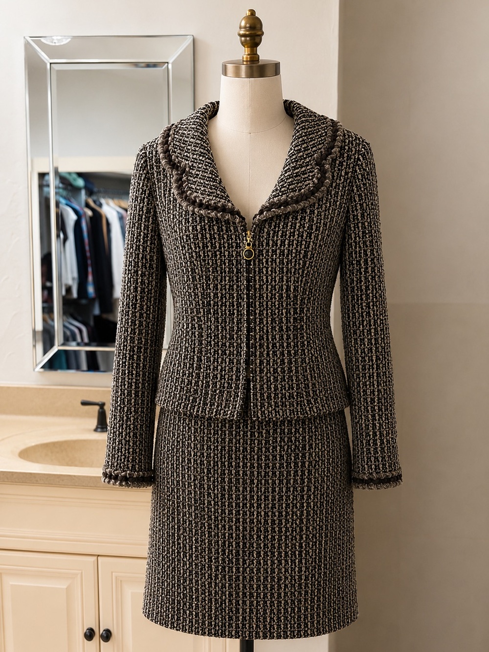 St. John Knit 2 pc Jacket Skirt Suit Size 8 Black White Gray